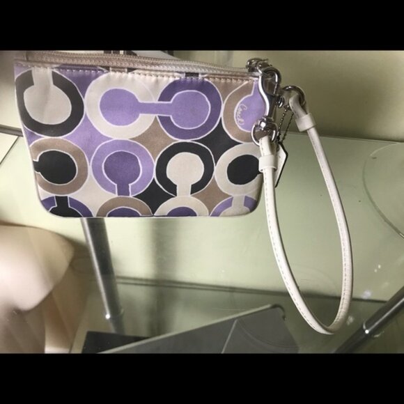 Coach NEW Logo White leather Satin Purple Wristlet Wallet Clutch Bag Silver Zip - Picture 5 of 12